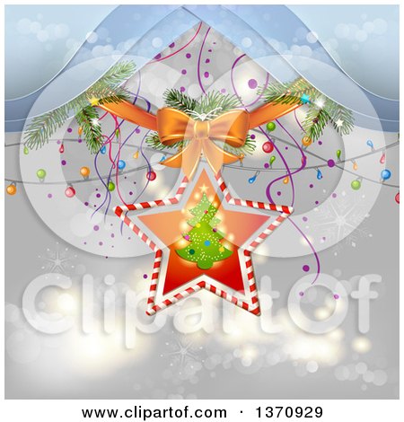 Clipart of a Christmas Tree in a Star Frame with a Bow, Branches and Lights over Gray - Royalty Free Vector Illustration by merlinul