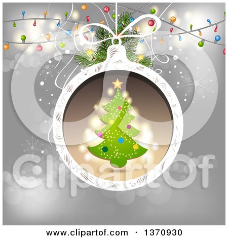 Clipart of a Tree in a Christmas Bauble Frame over Gray with Lights - Royalty Free Vector Illustration by merlinul
