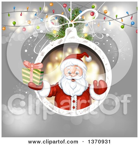 Clipart of a Christmas Santa Claus Holding up a Gift in a Bauble Frame over Gray with Lights - Royalty Free Vector Illustration by merlinul