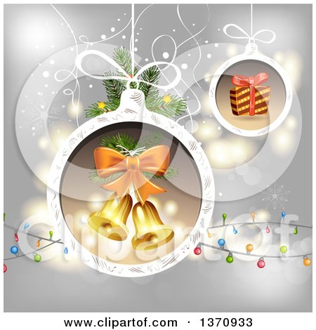 Clipart of a Gift and Bells in Christmas Bauble Frames over Gray with Lights - Royalty Free Vector Illustration by merlinul