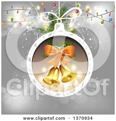 Clipart of Bells in a Christmas Bauble Frame over Gray with Lights - Royalty Free Vector Illustration by merlinul