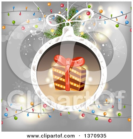 Clipart of a Gift in a Christmas Bauble Frame over Gray with Lights - Royalty Free Vector Illustration by merlinul