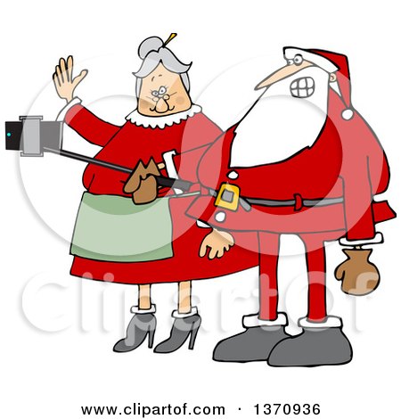 Clipart of a Cartoon Santa and Mrs Claus Taking a Selfie with a Stick and Smart Phone - Royalty Free Vector Illustration by djart