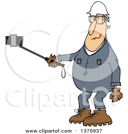 Clipart of a Cartoon White Male Worker in Coveralls, Taking a Selfie with a Phone on a Stick - Royalty Free Vector Illustration by djart