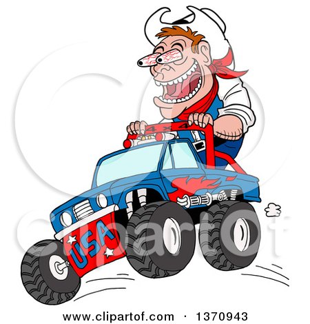 Clipart of a Cartoon Caucasian Male Cowboy Ridig on a Monster Truck, His Eyeballs Bugging out - Royalty Free Vector Illustration by LaffToon
