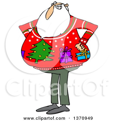 Clipart of a Cartoon Santa Claus Wearing an Ugly Christmas Sweater with Gifts and a Tree - Royalty Free Vector Illustration by djart