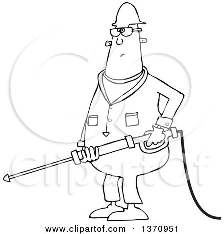 Clipart of a Cartoon Black and White Chubby Male Worker Pressure Washing - Royalty Free Vector Illustration by djart