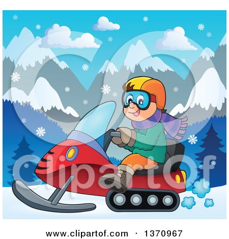 Clipart of a Cartoon Happy White Man Driving a Snowmobile in a Winter Landscape - Royalty Free Vector Illustration by visekart