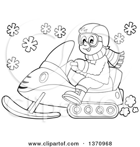 Clipart of a Cartoon Black and White Happy Man Driving a Snowmobile - Royalty Free Vector Illustration by visekart