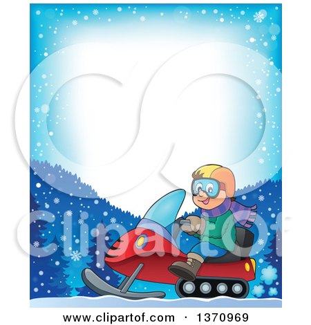 Clipart of a Border of a Cartoon Happy White Man Driving a Snowmobile - Royalty Free Vector Illustration by visekart