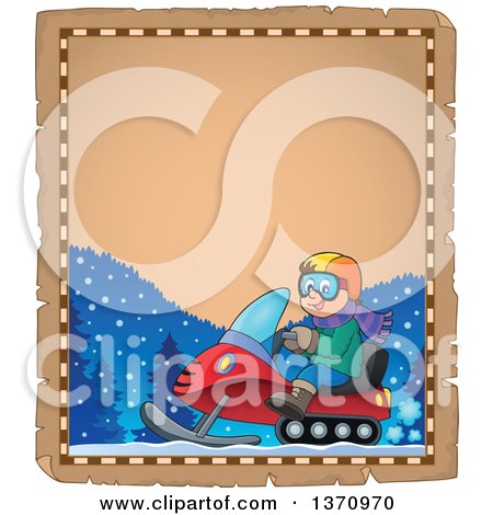Clipart of a Parchment Border of a Cartoon Happy White Man Driving a Snowmobile - Royalty Free Vector Illustration by visekart