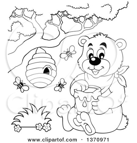 Clipart of a Cartoon Black and White Bear Sitting and Holding a Honey Jar Under a Hive - Royalty Free Vector Illustration by visekart