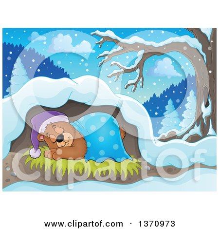 Clipart of a Cartoon Cute Brown Bear Sleeping with a Blanket and Night Cap in a Cave - Royalty Free Vector Illustration by visekart