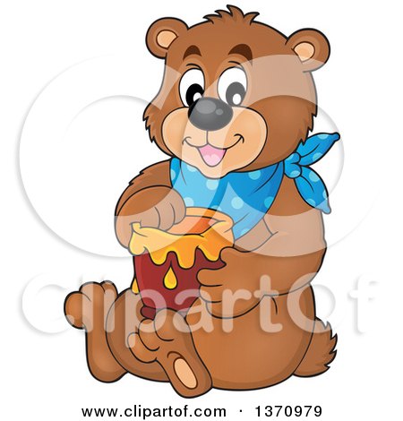 Clipart of a Cartoon Brown Bear Sitting and Holding a Honey Jar - Royalty Free Vector Illustration by visekart