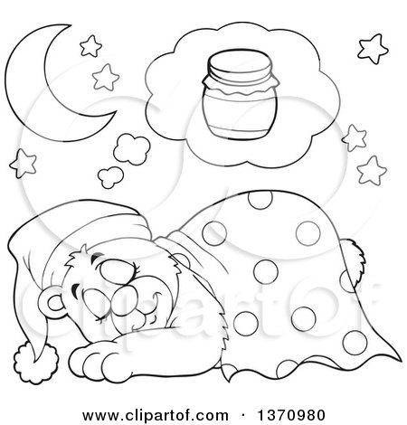 Clipart of a Cartoon Black and White Cute Bear Sleeping with a Blanket and Night Cap, Dreaming of Honey - Royalty Free Vector Illustration by visekart