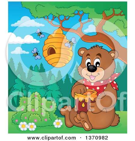 Clipart of a Cartoon Brown Bear Sitting and Holding a Honey Jar Under a Hive - Royalty Free Vector Illustration by visekart