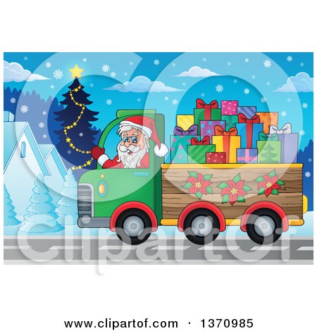Clipart of a Christmas St Nicholas Santa Claus Waving and Driving a Truck Full of Gifts Through a Village - Royalty Free Vector Illustration by visekart