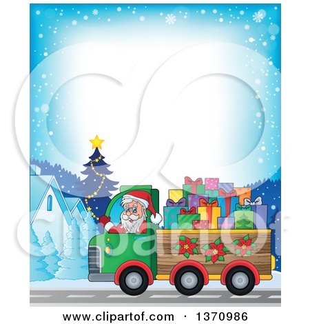Clipart of a Border of Christmas St Nicholas Santa Claus Waving and Driving a Truck Full of Gifts - Royalty Free Vector Illustration by visekart