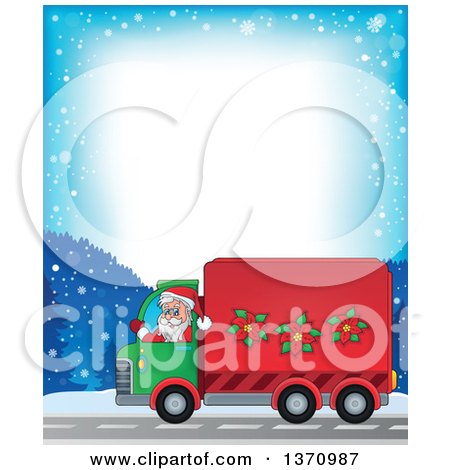 Clipart of a Border of a Christmas St Nicholas Santa Claus Waving and Driving a Big Rig Truck - Royalty Free Vector Illustration by visekart
