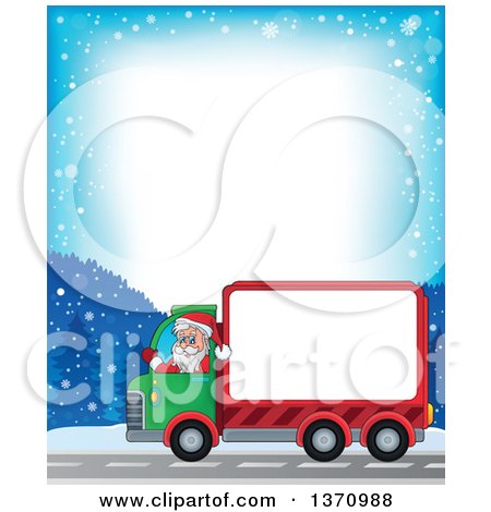 Clipart of a Snowy Road Border of a Christmas St Nicholas Santa Claus Waving and Driving a Big Rig Truck with a Blank Side - Royalty Free Vector Illustration by visekart