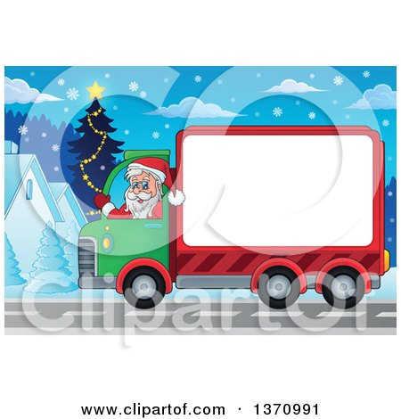 Clipart of a Christmas St Nicholas Santa Claus Waving and Driving a Big Rig Truck with a Blank Side Through a Village at Night - Royalty Free Vector Illustration by visekart