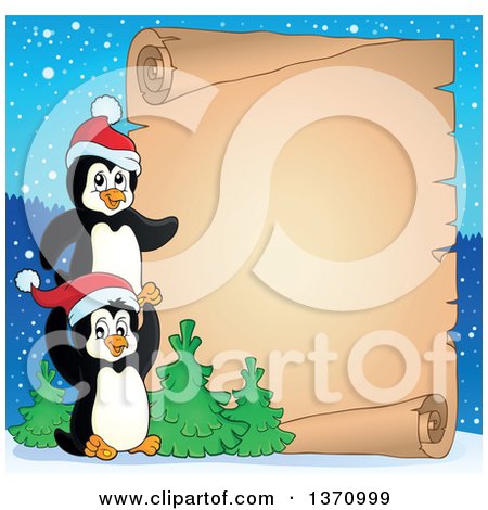 Clipart of Cute Penguins Playing by a Giant Parchment Scroll in the Snow - Royalty Free Vector Illustration by visekart