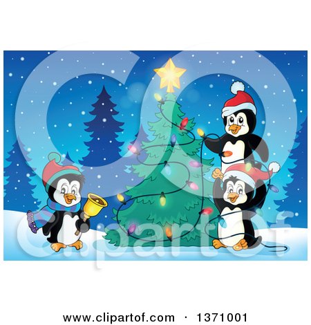 Clipart of Cute Penguins Putting Lights on a Christmas Tree on a Winter Night - Royalty Free Vector Illustration by visekart