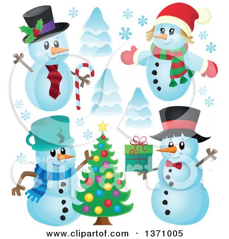 Clipart of Christmas Snowmen and Trees - Royalty Free Vector Illustration by visekart