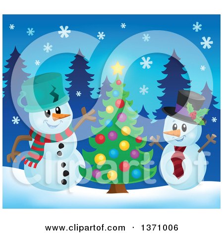 Clipart of Christmas Snowmen Cheering by a Tree - Royalty Free Vector Illustration by visekart