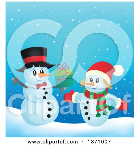 Clipart of a Christmas Snowman Couple Exchanging Gifts - Royalty Free Vector Illustration by visekart
