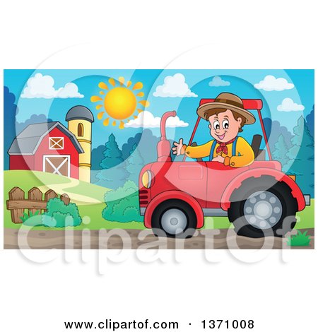 Clipart of a Cartoon White Male Farmer Driving a Tractor and Waving by a Barn - Royalty Free Vector Illustration by visekart