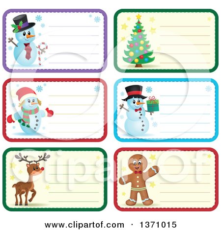 Clipart of Christmas Gift or Name Tag Labels of Snowmen, a Tree, Reindeer and Gingerbread Man - Royalty Free Vector Illustration by visekart