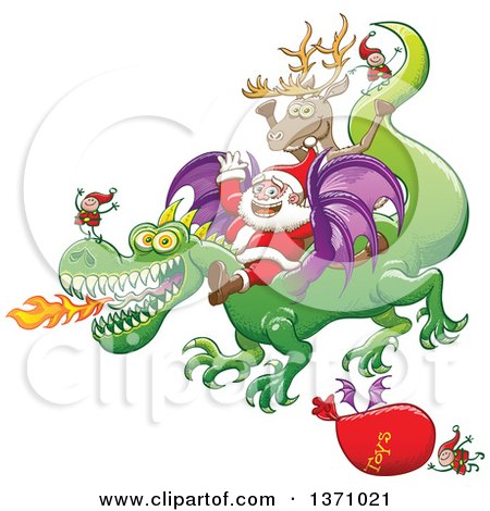 Clipart of a Christmas Scene of Santa and Crew Riding a Dragon, a Sack of Toys Flying - Royalty Free Vector Illustration by Zooco