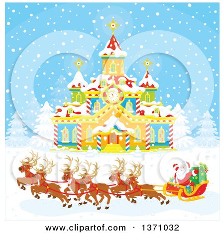 Clipart of a Team of Reindeer Pulling Santas Sleigh in Front of a Building with a Clock Tower - Royalty Free Vector Illustration by Alex Bannykh