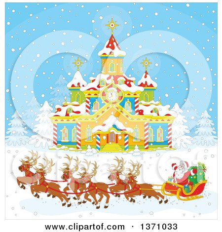 Clipart of a Team of Christmas Reindeer Pulling Santas Sleigh in Front of a Building with a Clock Tower - Royalty Free Vector Illustration by Alex Bannykh
