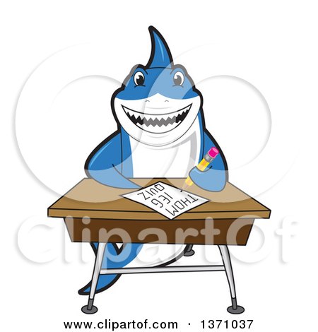 Clipart of a Shark School Mascot Character Writing at a Desk - Royalty Free Vector Illustration by Mascot Junction