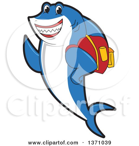 Clipart of a Shark School Mascot Character Student Wearing a Backpack - Royalty Free Vector Illustration by Mascot Junction