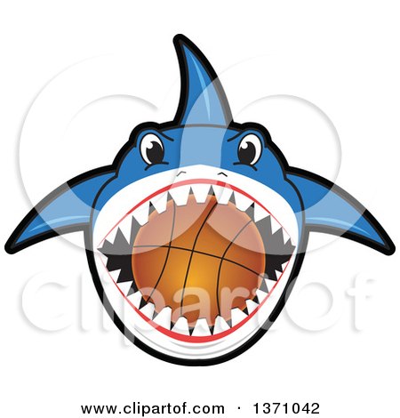 Clipart of a Shark School Mascot Character Biting a Basketball - Royalty Free Vector Illustration by Mascot Junction