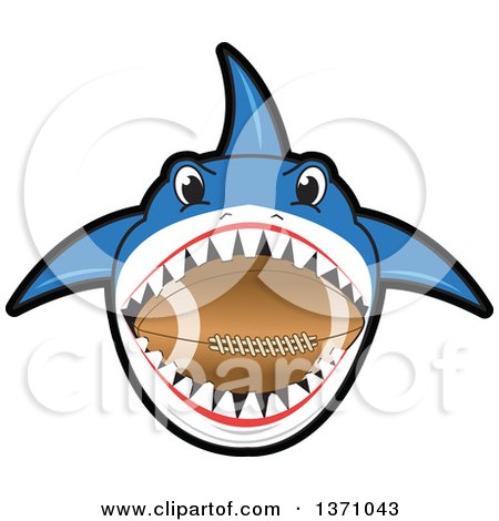 Clipart of a Shark School Mascot Character Biting an American Football - Royalty Free Vector Illustration by Mascot Junction