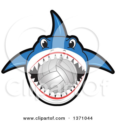 Clipart of a Shark School Mascot Character Biting a Volleyball - Royalty Free Vector Illustration by Mascot Junction