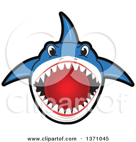 Clipart of a Shark School Mascot Character Biting a Dodgeball - Royalty Free Vector Illustration by Mascot Junction