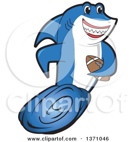 Clipart of a Shark School Mascot Character Swimming with an American Football - Royalty Free Vector Illustration by Mascot Junction