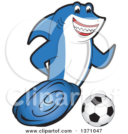Clipart of a Shark School Mascot Character Playing Soccer - Royalty Free Vector Illustration by Mascot Junction