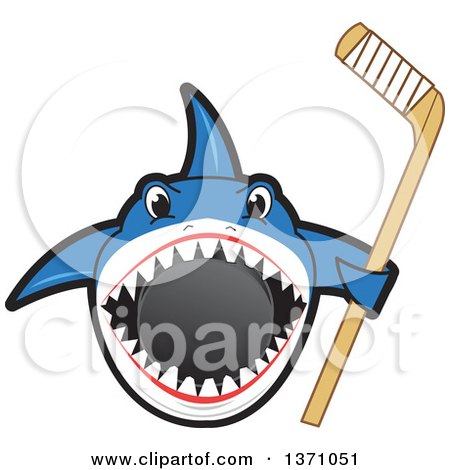 Clipart of a Shark School Mascot Character Biting a Hockey Puck and Holding a Stick - Royalty Free Vector Illustration by Mascot Junction