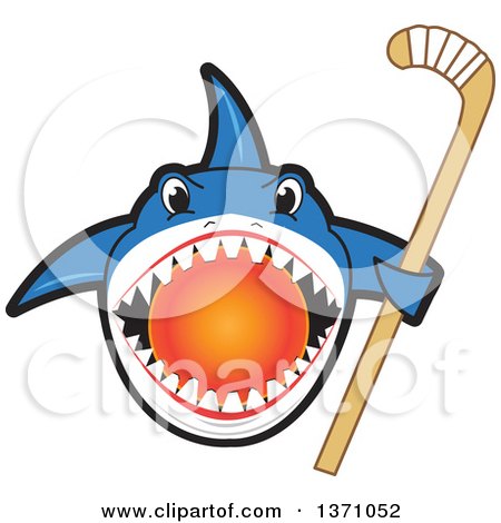 Clipart of a Shark School Mascot Character Biting a Hockey Ball and Holding a Stick - Royalty Free Vector Illustration by Mascot Junction