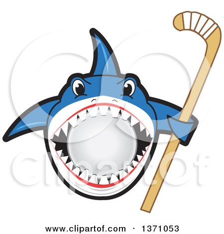 Clipart of a Shark School Mascot Character Biting a Ball and Holding a Stick - Royalty Free Vector Illustration by Mascot Junction