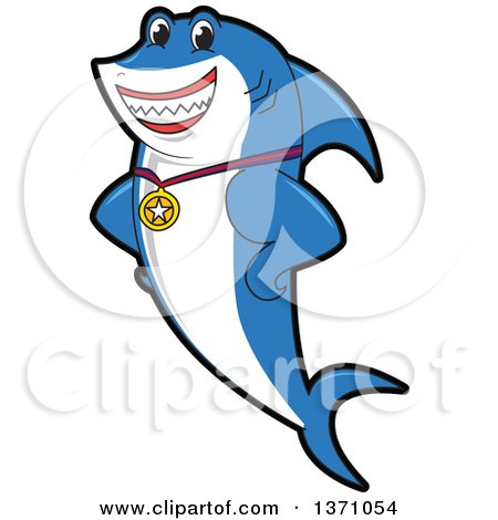 Clipart of a Shark School Mascot Character Wearing a Sports Medal - Royalty Free Vector Illustration by Mascot Junction