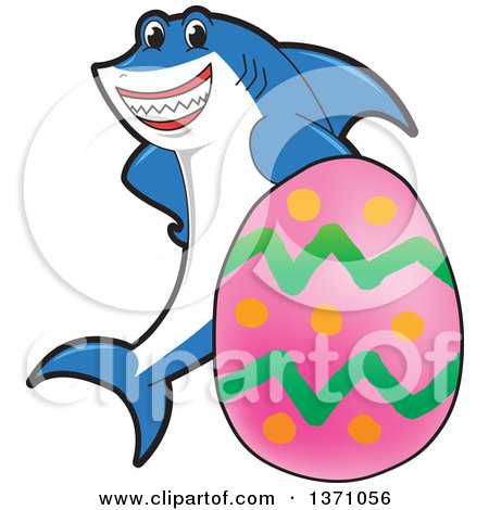 Clipart of a Shark School Mascot Character with an Easter Egg - Royalty Free Vector Illustration by Mascot Junction