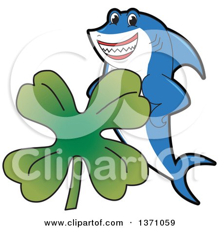 Clipart of a Shark School Mascot Character with a St Patricks Day Four Leaf Clover - Royalty Free Vector Illustration by Mascot Junction