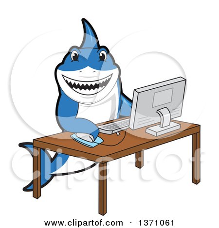 Clipart of a Shark School Mascot Character Using a Desktop Computer - Royalty Free Vector Illustration by Mascot Junction